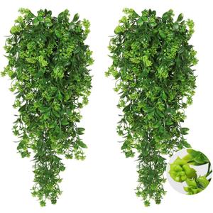 RECUTMS Fake Hanging Plants 2Pcs Outdoor Greenery Artificial Hanging Flower for Outdoors Hanging Basket Artificial Hanging Plants Plastic Home Garden Wedding Party Shelf Aesthetic Decorations(Green)