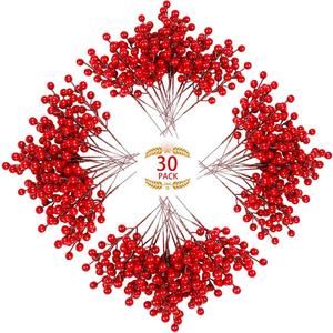 30 Pack Artificial Red Berry Stems,8 Inch Fake Burgundy Berry Picks for Christmas Tree Decorations Crafts for Christmas Wreath Wedding Holiday Home Decor