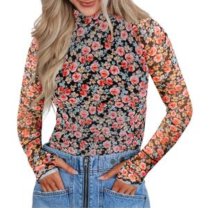 Womens Floral Mesh Long Sleeve Shirts Mock Neck Fitted Sheer Tops Outfit with Thumb Holes (XL)