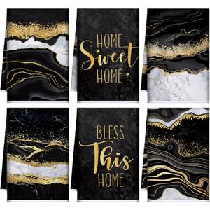 Bencailor 6 Pcs Black and Gold Kitchen Towels Marble Dish Hand Towels Farmhouse Absorbent Tea Washcloths for Bathroom Kitchen Decor Winter Decorations Gifts 24 x 16''