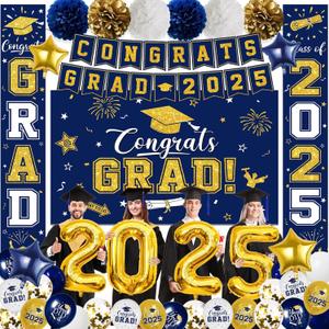 Graduation Decorations Class of 2025, Blue and Gold Graduation Decorations with Congrats Grad Backdrop, Class of 2025 Banner,Porch Sign, Balloons, Foil Number 2025 for Graduation Party Supplies