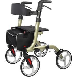 Rollator Walkers for Seniors-Folding Rollator Walker with Seat and Four 10inch Wheels-Medical Rolling Walker with Comfort Handles and Thick Backrest-Lightweight Aluminium Frame Champagne