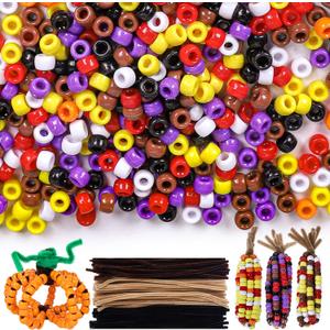 Whaline 1000Pcs Halloween Pony Beads with 100Pcs Chenille Stems Pipe Cleaners 7 Colors Fall Plastic Craft Focal Beads Bulk for Autumn Thanksgiving DIY Craft Necklace Bracelet Jewelry Making Supplies