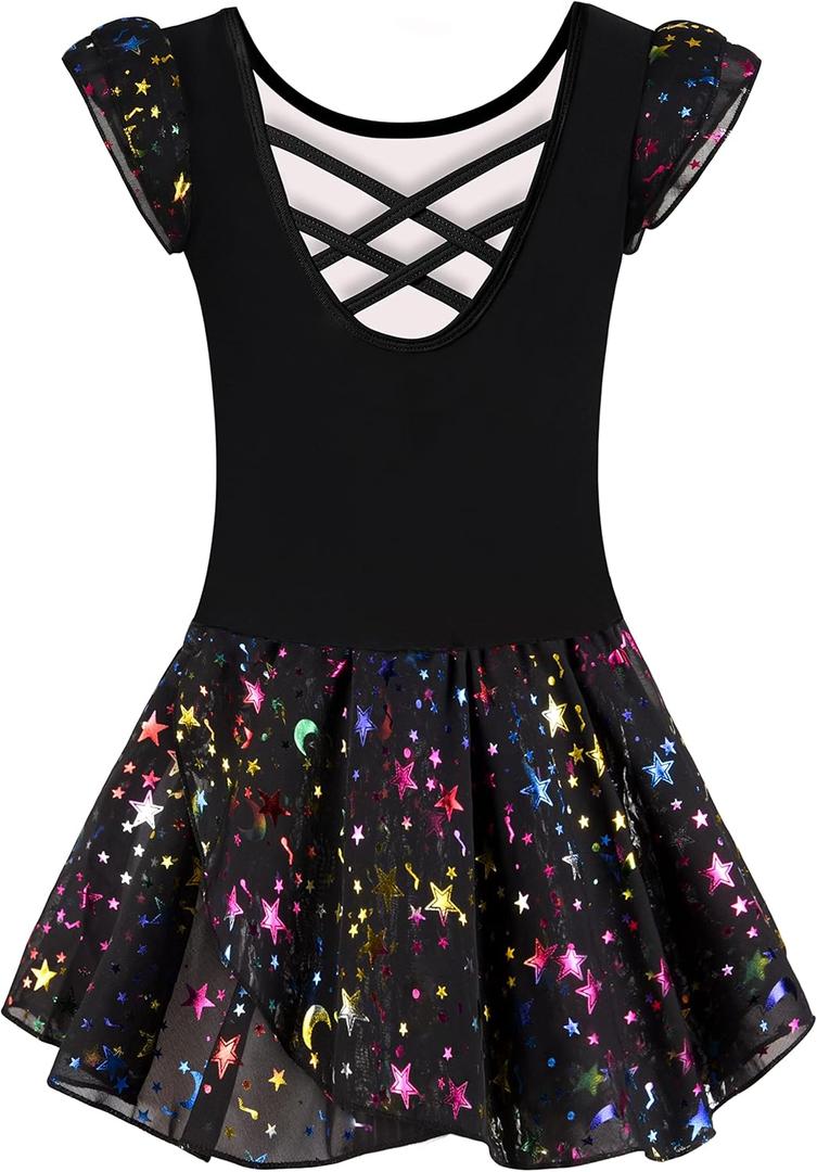DANSHOW Ballet Leotards for Girls Dance Skirted Leotard Kids Ballet Tutu Dress Toddler Shiny Ruffle Sleeve Dancewear (6-7 Years, Black Rainbow)