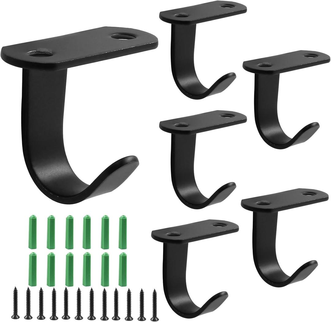 Piutouyar 6 Pack Black Screw Mounted Ceiling Hooks, Heavy Duty Under-Shelf Coat Hook, Stainless Steel Towel/Robe Clothes Hook Hanger for Cabinet, Kitchen, Cupboard, Bathroom