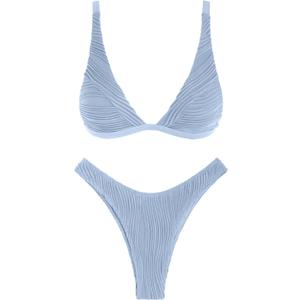 ZAFUL Bikini Sets for Women Triangle Textured Plunging High Cut Cheeky Bikini Swimsuits Two Piece Bathing Suits (Large, 2-light Blue)