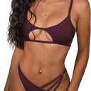 ZAFUL Women's Sexy Cutout Bikini Thong Bikini Set Tie Back Two Piece Swimsuit Bathing Suit (1-Burgundy)
