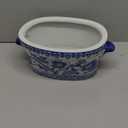 Blue and White Ceramic Planter Pot  Vintage Floral Oval Cachepot Vase for Indoor Plants, Flowers & Succulents  Glazed Chinese Porcelain Style Decorative Bowl 10.6" Size  No Drainage
