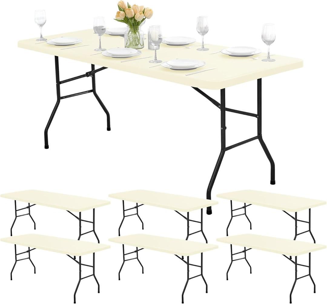 Fitted Tablecloths with Elastic - 6 Pack 4ft Folding Table Covers Rectangle, Reusable Dining Table Protector for Outdoor Picnic Party Camping, 30x48 Inch, Beige