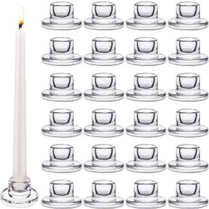 24 PCS Glass Taper Candle Holders Bulk Candlestick Holders Clear Short Tapered Candle Stick Holder Decor Set for Table Centerpiece Wedding Party Advent Christmas Home Decorations (24, Clear)