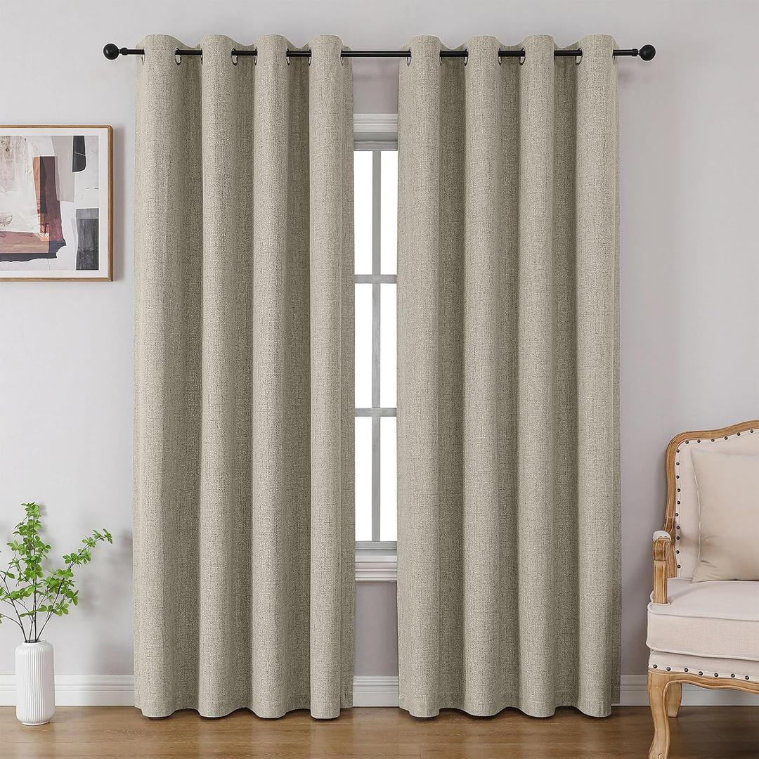 CUCRAF 100% Blackout Curtains 54 inches Length 2 Panels Set, Room Darkening Linen Textured Curtain Grommet for Bedroom Living Room, Light Blocking Thermal Insulated Drapes (52 x 54 Inch,Light Beige)