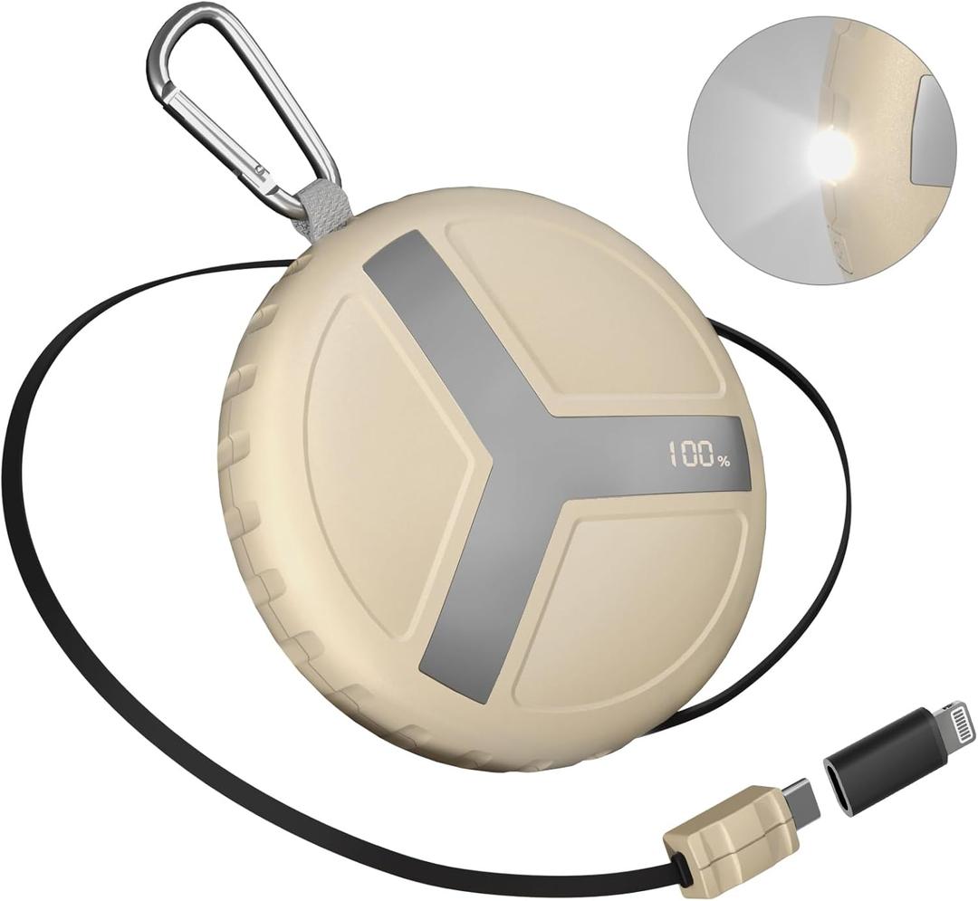 Vivilumens Power Bank Portable Charger 10,000mAh Retractable 25.5 in Built-in Cable Fast Charging Wearable for iPhones Galaxy Laptop with Flashlight&Carabiner for Camping Backpacking Travel (Beige)