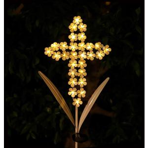 White Cross Garden Stake Solar Lights Metal Hydrangea Cross Stake Memorial Gift w/ 28 LEDs Perfect Sympathy Gifts (10" W x 40" H)