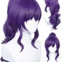 Half and Half Purple Ponytail Anime Wig with Bangs 23.6'' Long Curly Dark Purple Cosplay Wig Purple Game Nin-ja Costume Pigtail Wigs for Women Halloween Costume Party