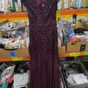 Adrianna Papell Women's Long Beaded V-Neck Dress with Cap Sleeves and Waistband (Size 4)