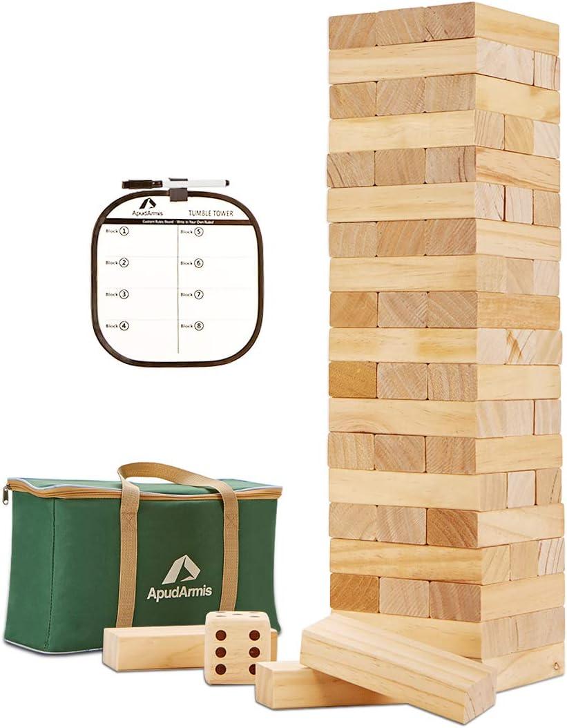 ApudArmis 60 PCS Tumble Tower, (Stack up to 5Ft) Pine Wooden Stacking Timber Game with 1 Dice Set - Classic Block Outdoor Game for Teens Adults Family (Burlywood)