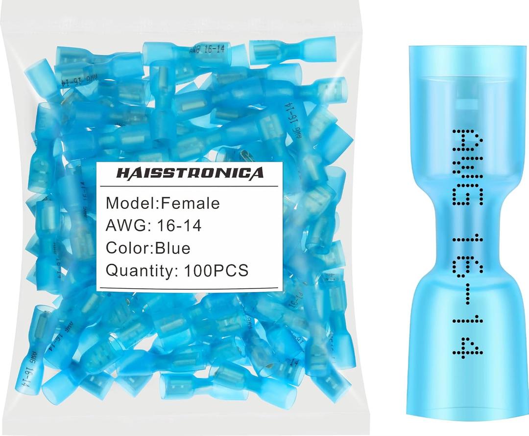 haisstronica 100pcs Blue Marine Grade Heat Shrink Female Spade Connectors,16-14 Gauge Insulated Electrical Crimp Wire Terminals