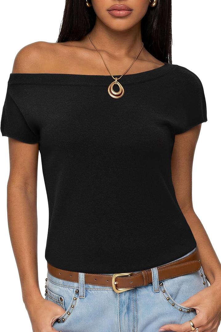 SUUKSESS Women Silk Cashmere Blend Off The Shoulder Tops Summer Lightweight Knit Trendy Sweaters Loose Fit Shirts (Black, S)