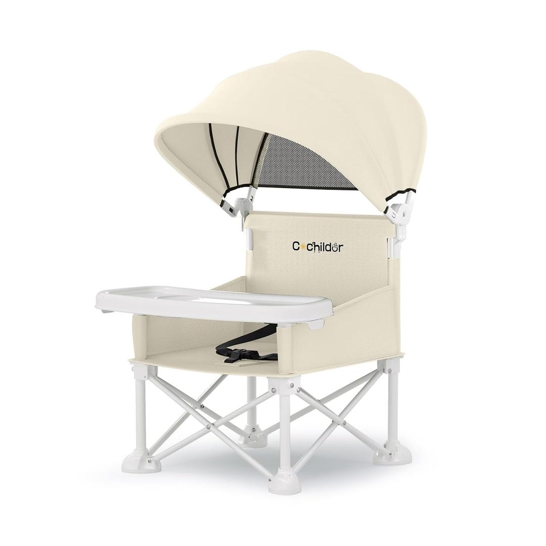 Cochildor 4-in-1 Portable Baby Chair, Foldable Toddler Booster Seat, Beige | Removable Tray & Sun Canopy, Adjustable 3-Point Safety Harness, Compact Carry Bag, Fits 6M - 3T