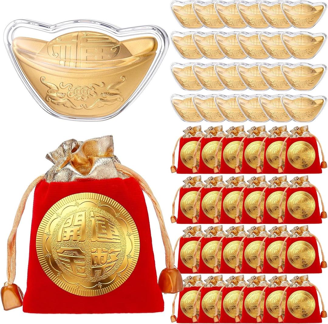 24 Pcs Lucky Gold Ingot Coins with Red Color Velvet Pouches, Chinese Feng Shui Wealth Charm, Feng Shui Lucky Yuan Bao Metal Foil Fortune Symbols for Lunar New Year Decor