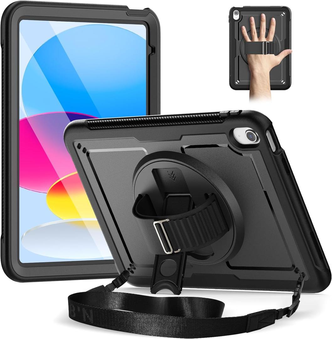 Timecity Case for iPad (A16) 11th Generation 11 inch 2025/ iPad 10th Generation 10.9 inch 2022: Full-Body Protective Case with Screen Protector, 360 Rotating Stand, Hand/Shoulder Strap -Black