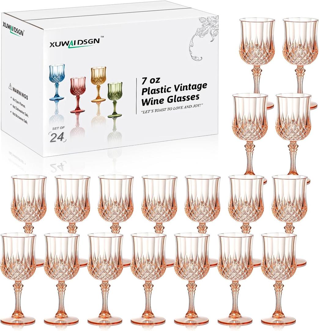 XUWAIDSGN 24 Pcs 7oz Plastic Vintage Wine Glasses Drinking Glasses Unbreakable Wedding Glassware Crystal Water Goblets Reusable Drinkware Vintage Champagne Flutes (24, Pink)