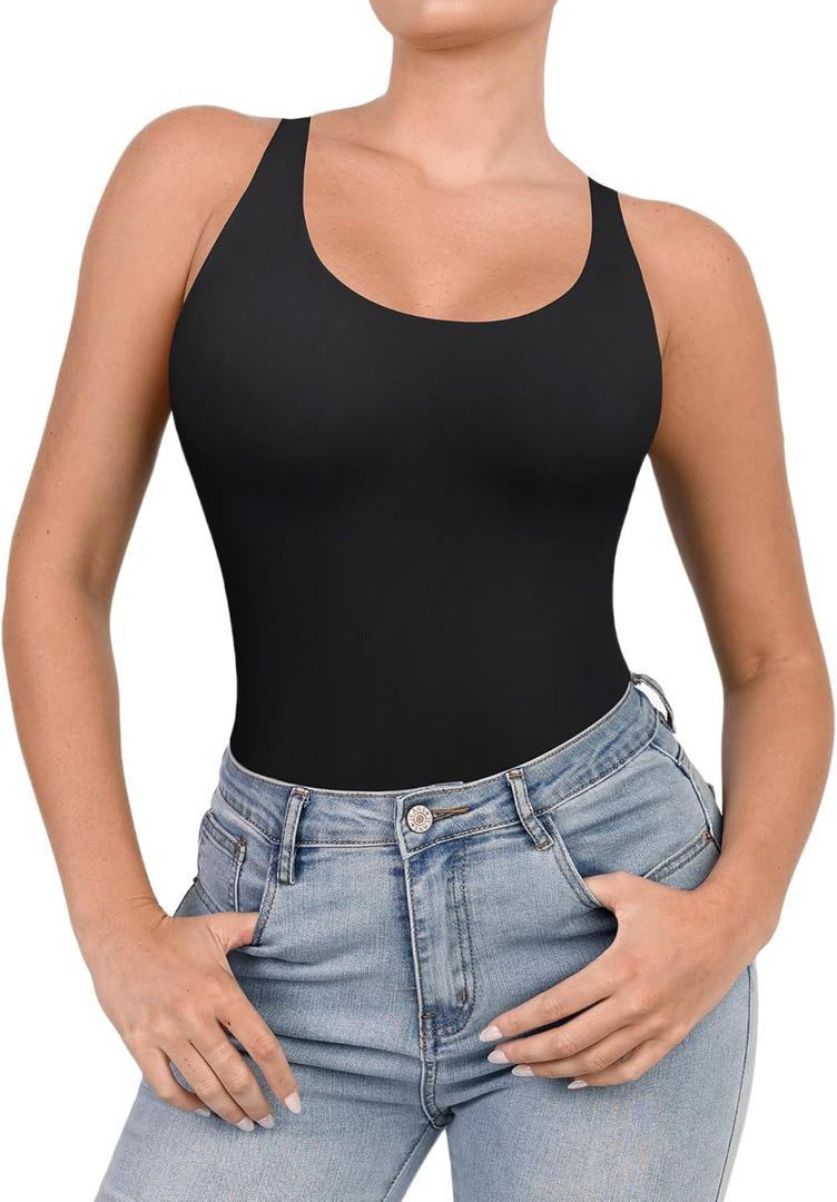 Popilush Shapewear Bodysuit for Women Round Neck Sleeveless T Shirt Tank Tops Thong Bodysuits Jumpsuits (Black, M)