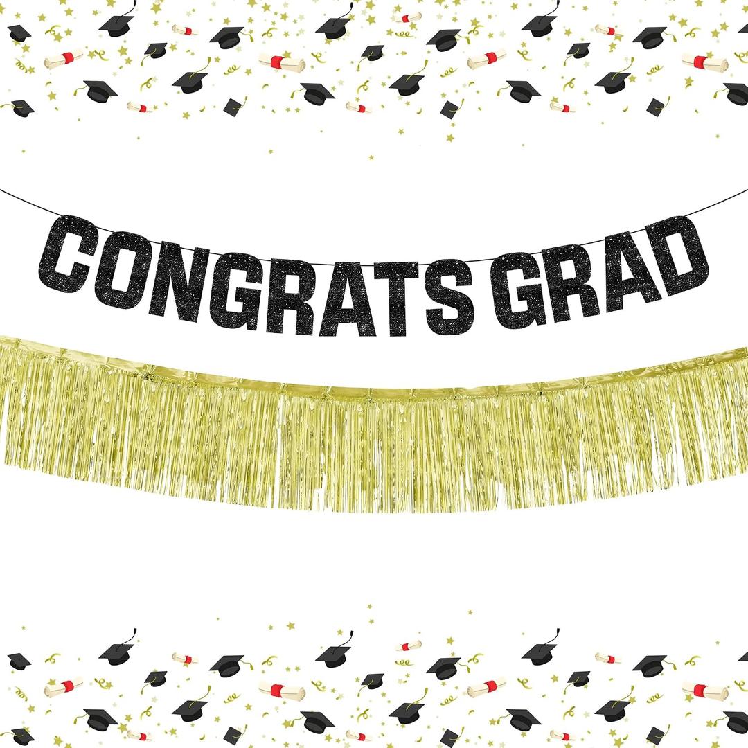 Graduation Decorations 2026 | Congrats Grad Banner Set | Black and Gold Graduation Decorations | Black Congrats Grad Sign with Gold Fringe Backdrop for Graduation Party Decorations - KatchOn