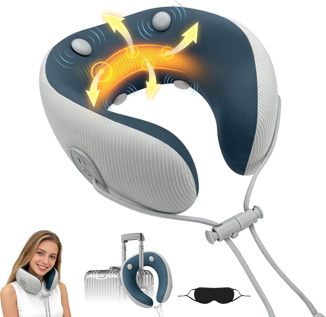 Medicane Neck Travel Pillow with Massage, Neck Pillows with Heat & Gentle Vibration Massage with Ergonomic Foam, Perfect for Airplane, Car, Office, Home, Pain Relief,Sleeping,Traveling,Long Flight (Blue)