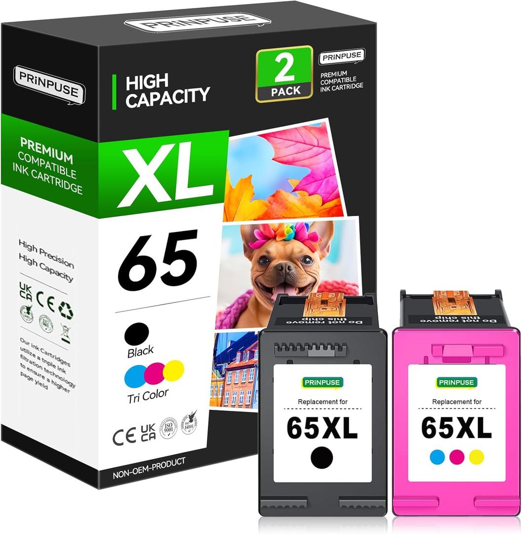 Remanufactured Ink Cartridge Replacement for HP Ink 65 XL 65XL (Black and Color Combo Pack) for HP65 5055 5000 5052 5010 5070 5014 3755 3700 3772 2600 3752 2652 2655 2622 2640 Printer