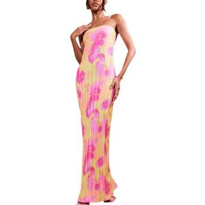 KMBANGI Womens Pink Floral Pleated Tube Maxi Dress Sleeveless Off Shoulder Strapless Backless Party Dress S, M, L, XL KMBANGI Womens Pink Floral Pleated Tube Maxi Dress Sleeveless Off Shoulder Strapless Backless Party Dress S, M, L, XL