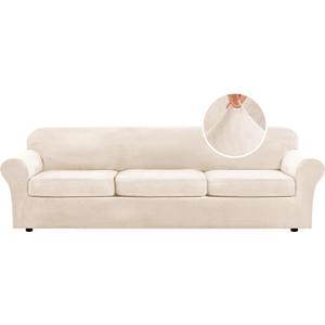 H.VERSAILTEX Modern Velvet Plush 4 Piece High Stretch Sofa Slipcover Furniture Protector Form Fit Velvet Extra Large Sofa Cover for 3 Cushion Couch Width Up to 105 Inch (XL Sofa, Butter Cream)
