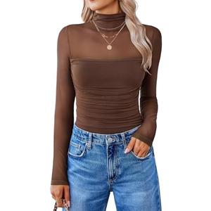 Avidlove Women Long Sleeve Bodysuit Turtle Neck Shapewear Body Suits Mesh One Piece Leotard Shirt Going Out Tops Fall Outfits, Brown