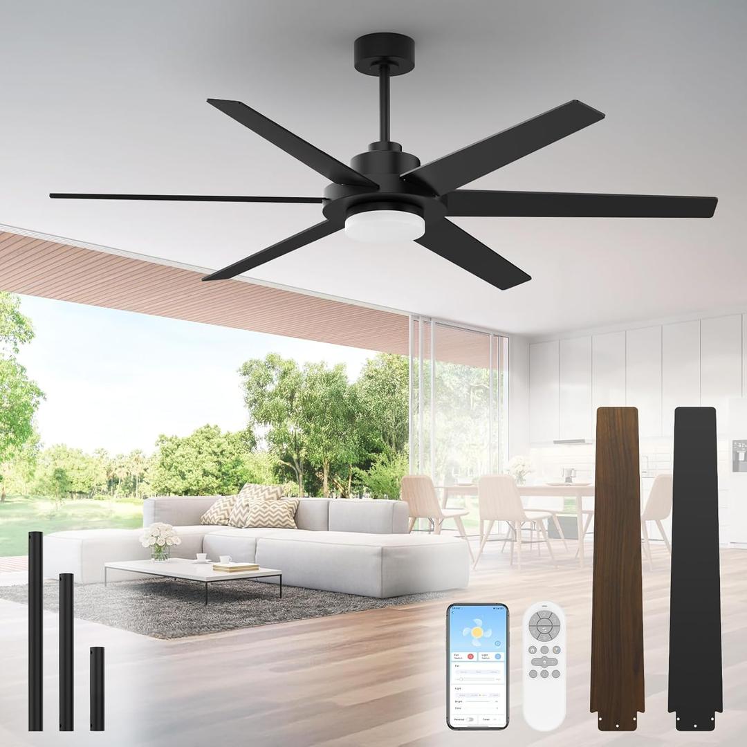 64 inch Ceiling Fans with Lights and Remote&APP,Industrial Ceiling Fan Reversible Quiet DC Motor, 6 Speed 3 CCT Dimiable, Modern Large Ceiling Fan for Living Room Farmhouse Patios Outdoor Gazebo Black