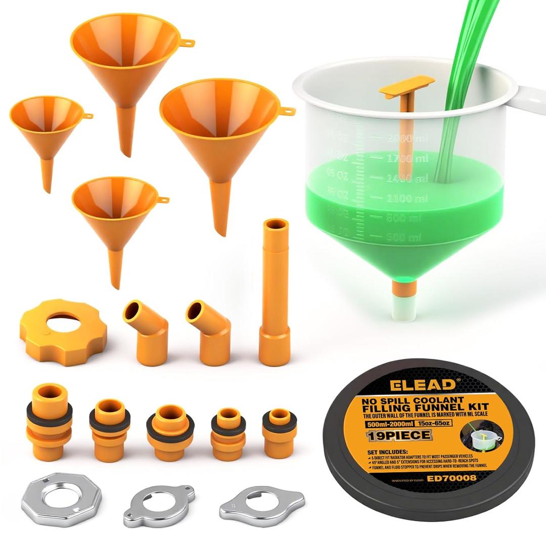 ELEAD No-Spill Coolant Funnel Kit - 19-Piece Radiator Funnel burping kit, coolant Bleeder kit, Extra Funnels and Adapters for Universal Vehicle ELEAD No-Spill Coolant Funnel Kit - 19-Piece Radiator Funnel burping kit, coolant Bleeder kit, Extra Funnels and Adapters for Universal Vehicle