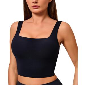 Oalka Women's Square Neck Sports Bra Longline Padded Cropped Yoga Tank Workout Top Camisole Black, L