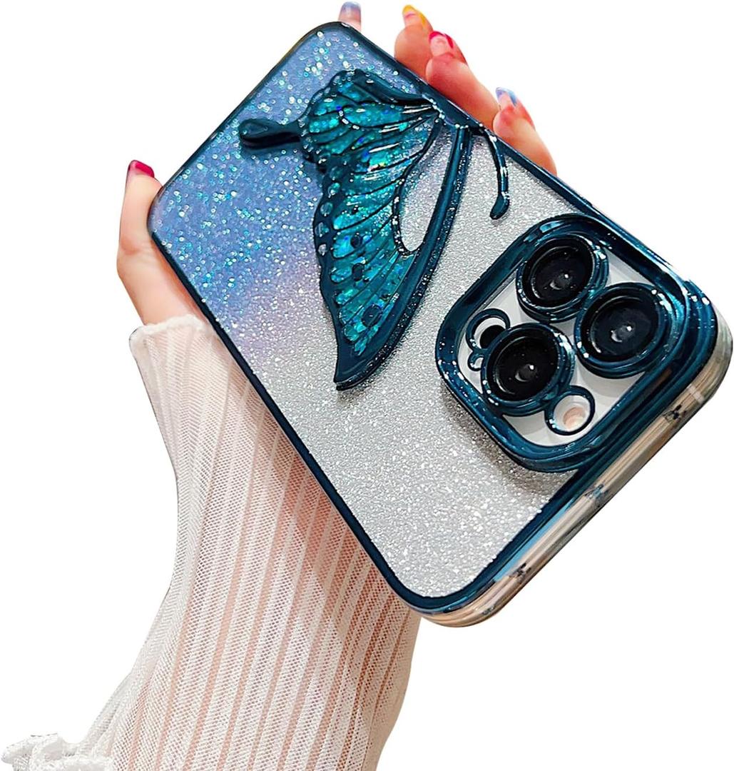 Ownest Compatible for iPhone 14 Pro Case with Luxury Glitter Cute Butterfly Plating Design Aesthetic Women Teen Girls Phone Cases Camera Protection Shockproof Cover-Blue