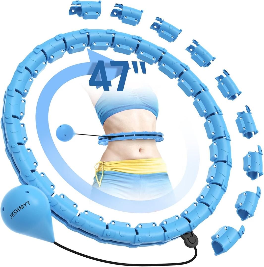 JKSHMYT Weighted Hula Circle Hoops for Adults Weight Loss, Infinity Fitness Hoop Plus Size 47 Inch, 24 Detachable Links, Exercise Hoop Suitable for Women and Beginners (Blue)