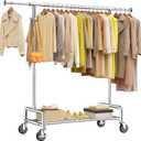Raybee Heavy Duty Clothes Rack 75" Extra Wide, 450 LBS Clothing Rack with 4 Hooks, Lockable Wheels, Metal Garment Rack for Bedroom, Laundry Room, Commercial (Chrome)