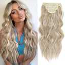 Long Wavy Synthetic Clip in Hair Extensions 20 Inch Ash Golden Blonde mix Platinum Blonde 5PCS Soft Hairpieces Thick Hair Extensions for Women