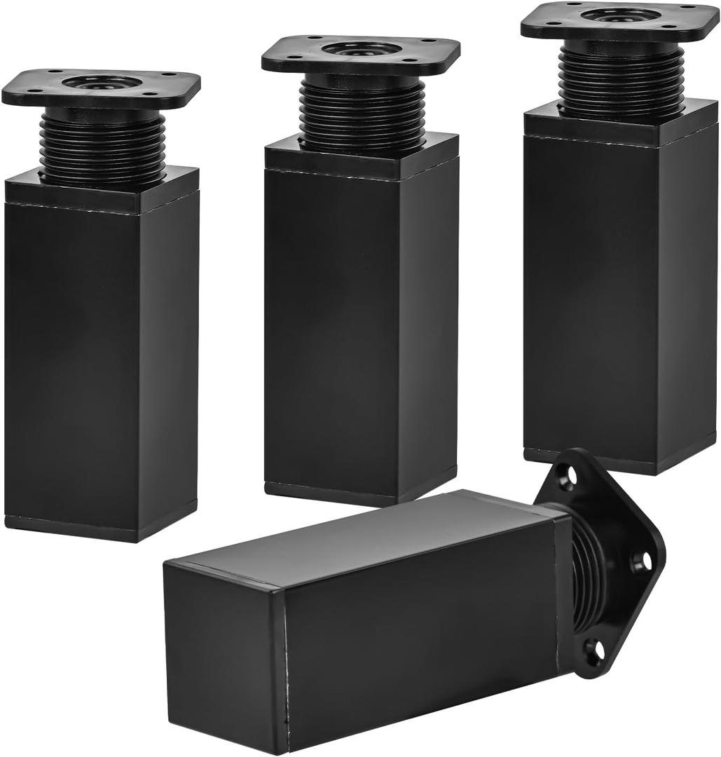 4 inch / 10cm Metal Furniture Legs, Pack of 4 Modern Adjustable Aluminum Alloy Square Replacement Feet for Home DIY Projects Couch Sofa Cabinet Nightstand TV Stand Black