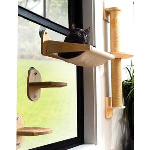 Window/Wall Mount Cat Wall Shelves by Pet Savvy  Cat Hammock (Oatmeal), Scratching Post with Landing, Two Steps  Natural Pine, Jute Rope, Sized for Cats up to 25lbs  4 pc Set