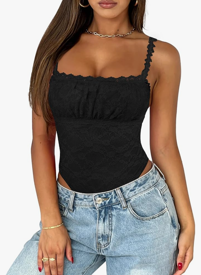 Saslax Women's Sexy Square Neck Lace Sleeveless Bodysuit Tank Tops Double Lined Body Suit Thong Outfits, L