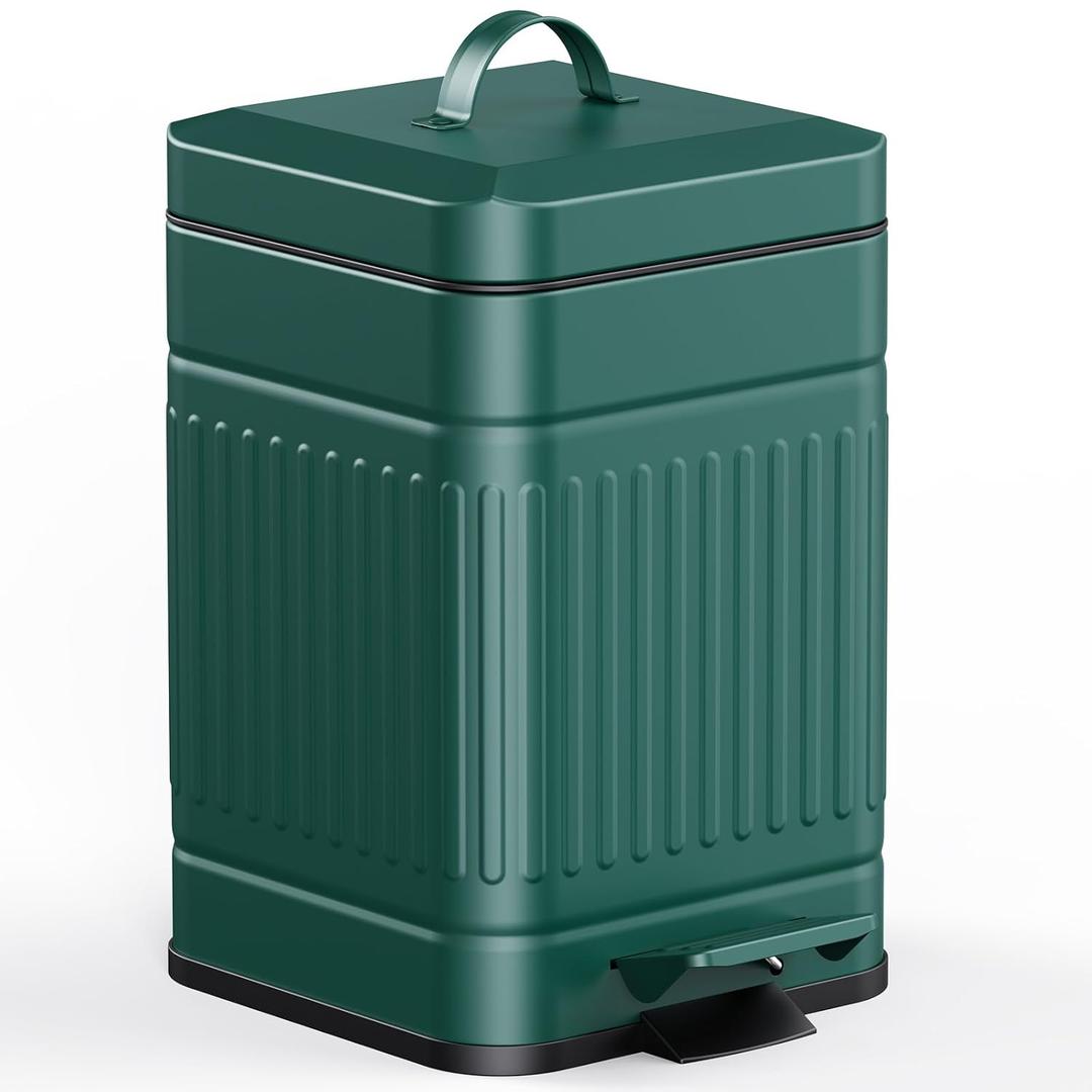 CEROELDA Small Trash Can with Lid-5L/1.3 Gal,Stainless Steel Outdoor Dog Poop Garbage Can-Farmhouse Retro Metal Waste Bin w/Step Pedal for Bathroom Bedroom Office-Soft Close-Green