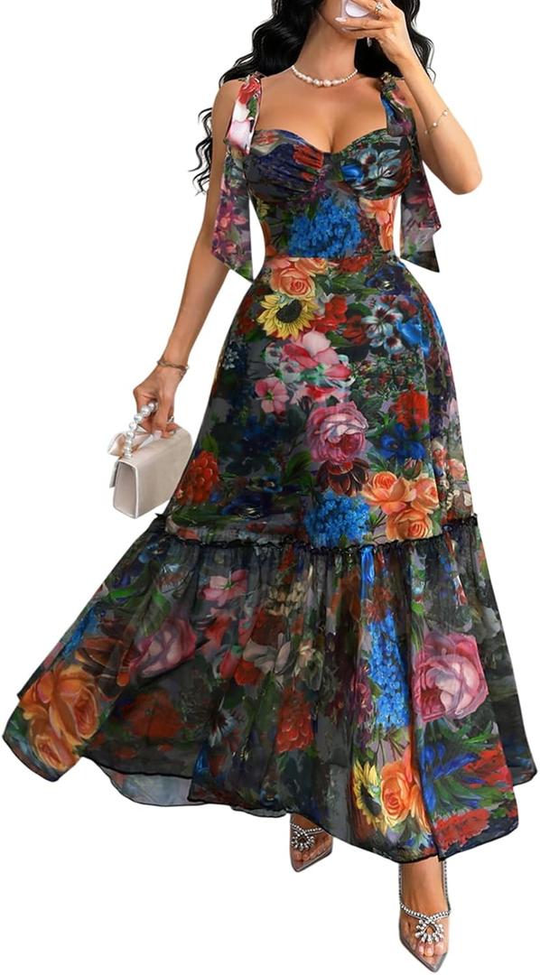 GothDark Women's Floral Maxi Dress Tiered Ruffle Mesh A-Line Sweetheart Neckline Boho Beach Casual Wedding Guest Dresses, XL