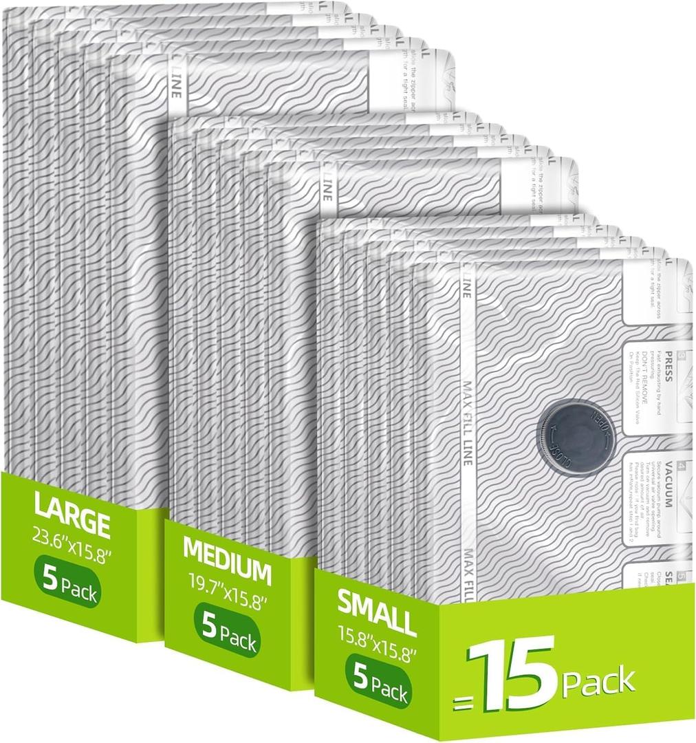 15 Pack Vacuum Compression Bags for Travel, Carry-on Size Seal Packing Cubes for Luggage,Vacuum Storage Bags, Space Saver for Clothes 80% for Travel & Home(No pump)