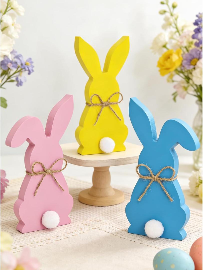 Easter Decorations for Home, 3 Pcs Wooden Easter Bunny Decorations, Farmhouse Easter Home Table Decor, Tiered Tray Centerpiece & Gift (Blue,Yellow,Pink)