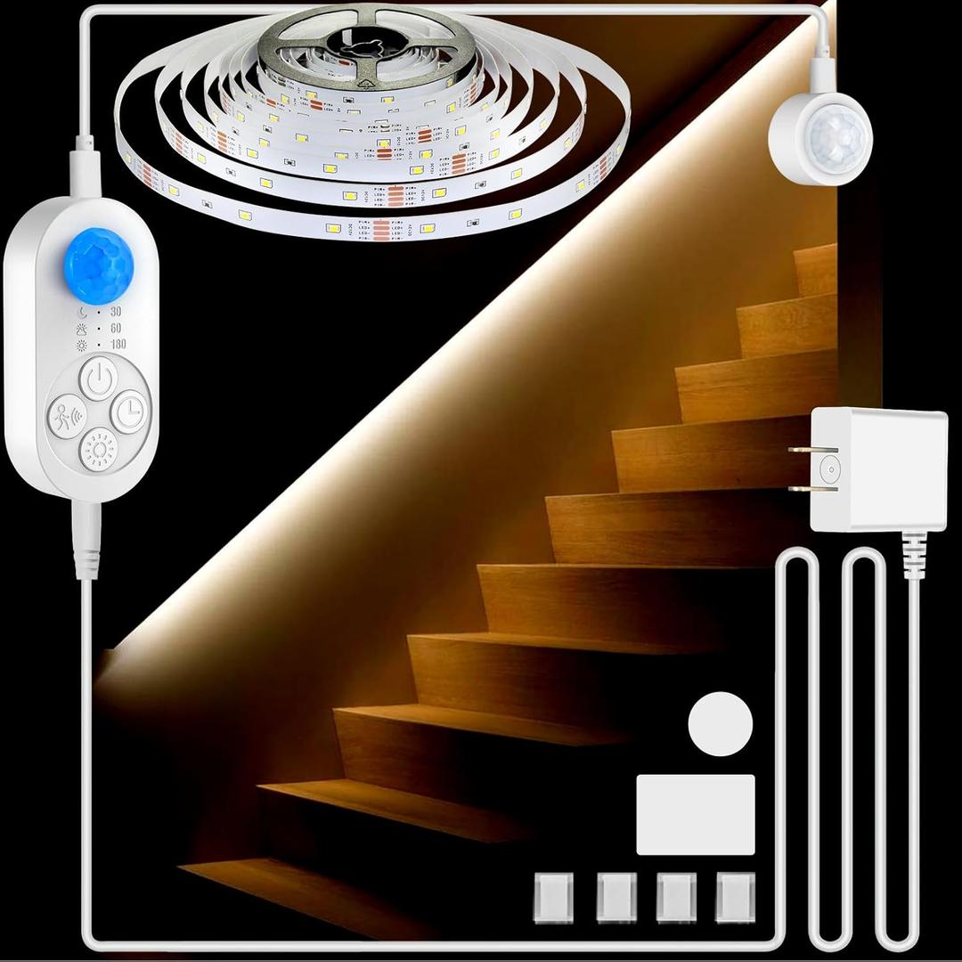 Dual Motion Sensor Light Indoor - Plug-in Motion Activated LED Stair Step with Double Sensors, Dimmer and Timer for Stairway, Bedroom, Corridor (Warm White 3000K 32.8FT Light Strip)