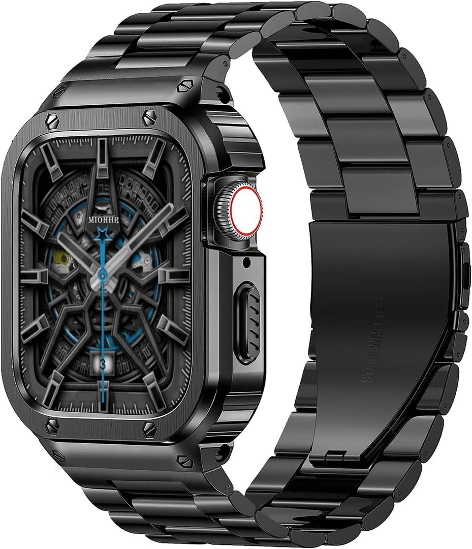MioHHR Stainless Steel Band and Case Compatible with Apple Watch Band 44mm 42mm (Series 3/2/1), Men Metal Protective Bumper Cover for iWatch Series 6/5/4/3/2/1/SE/SE2/SE3, Black