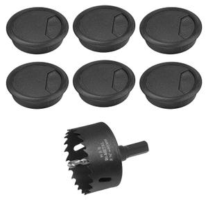 2-3/8" Spring Desk Grommet, JTemgle Plastic Cable Hole Cover with Hole Saw Computer Table Cord Wire Organizer Caps Desktop Cord Management for Home Office TV Stands Tabletops - Black, 7 Pcs